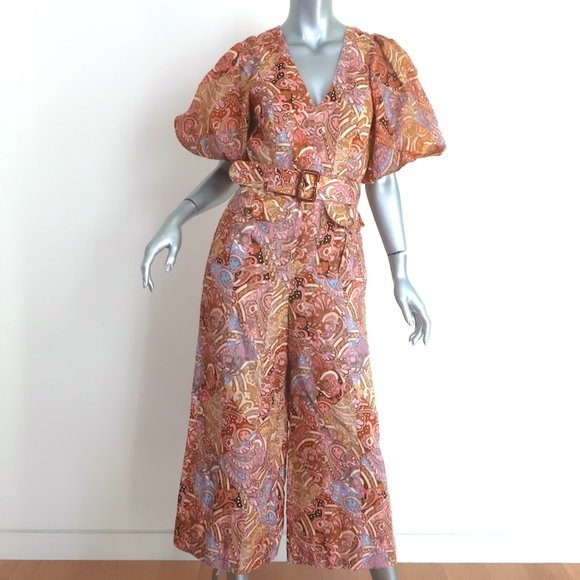 Zimmermann Pants - ZIMMERMANN CONCERT BELTED JUMPSUIT MULTICOLOR PAISLEY PRINT LINEN SIZE 1